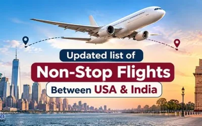 Non-stop flight route between the United States and India with a passenger airplane connecting the two countries