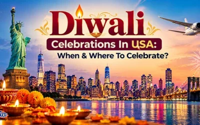 Diwali celebrations in the USA with colorful lights, traditional decorations, and festive gatherings