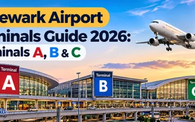 Newark Airport Terminals A, B, and C with airport buildings and passenger drop-off areas.