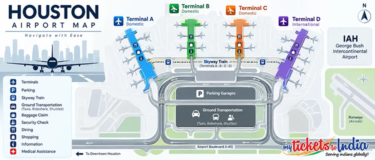Houston Airport Map showing airport terminals, gates, parking, and surrounding roads